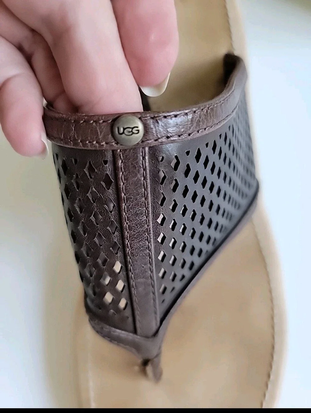 UGG Solena Wedge Sandals Brown Leather Lattice - Open Toe